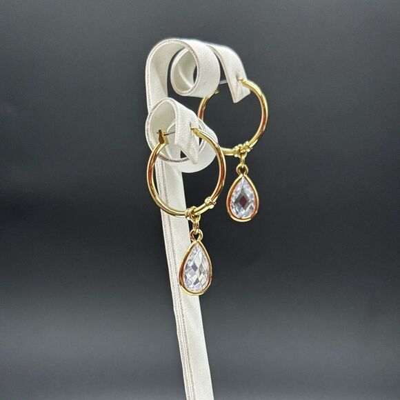 Gold Tone Hoop With Crystal Charm Earrings - Picture 1 of 5